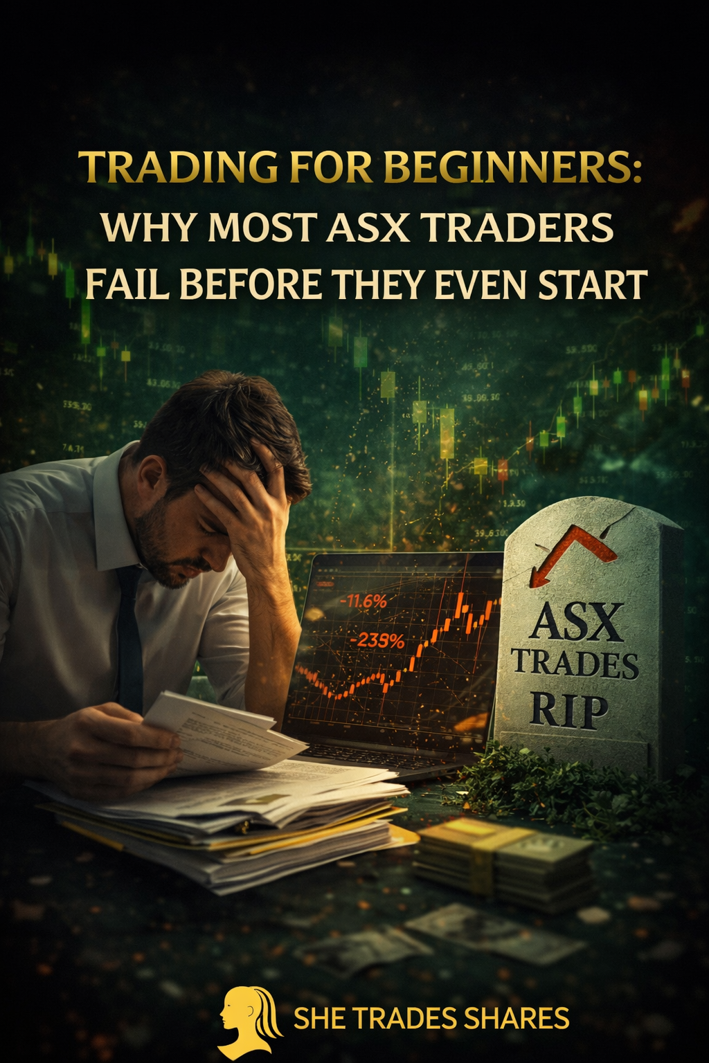 Trading for beginners laptop screen showing why most ASX traders fail before they start with structured learning page open
