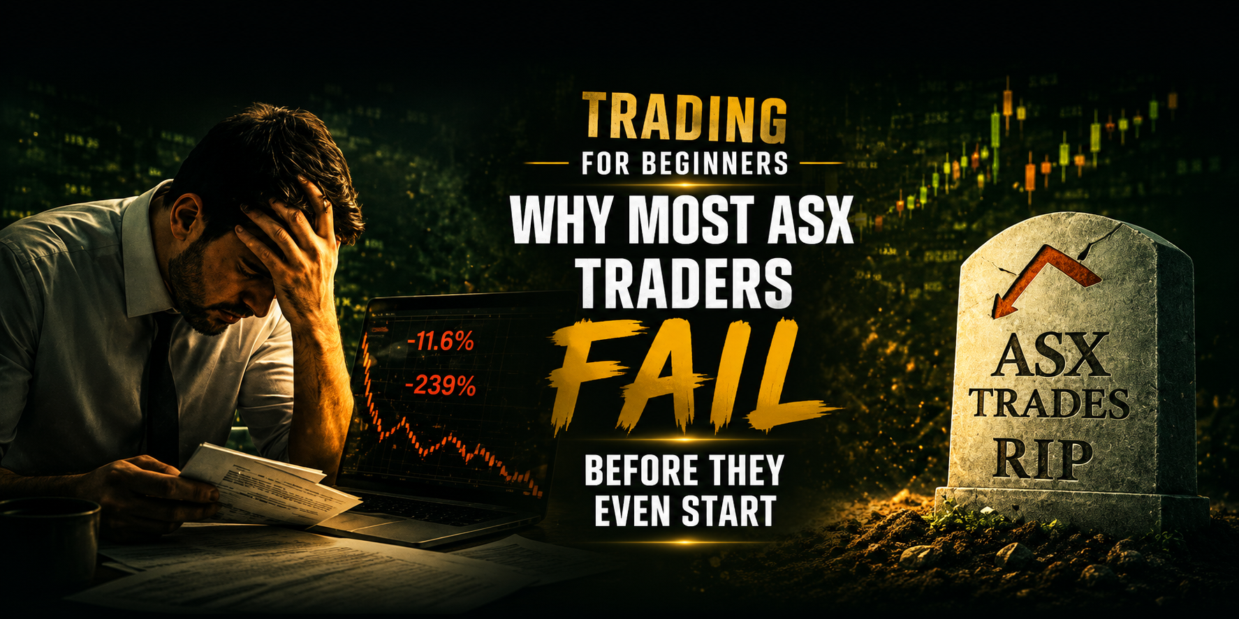 Trading for beginners laptop screen showing why most ASX traders fail before they start with structured learning page open