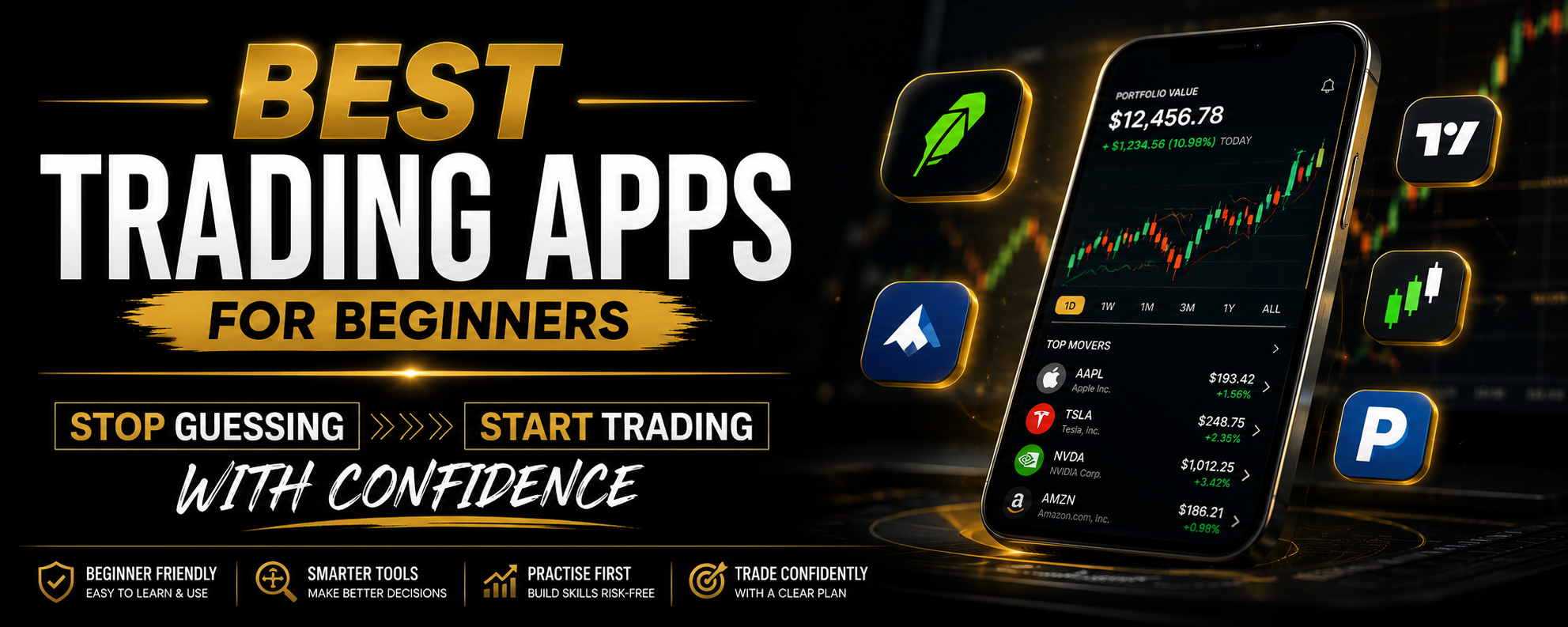 Cinematic website banner showing a modern trading app on a smartphone with glowing stock charts, bold gold and white typography, and the message “Best Trading Apps For Beginners – Stop Guessing And Start Trading With Confidence.”