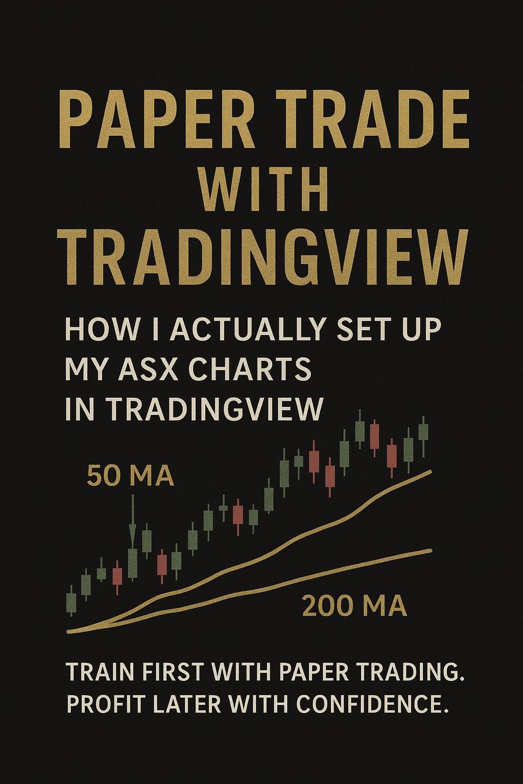 Paper Trade with TradingView – black and brass educational graphic showing candlestick chart with 50 MA and 200 MA, highlighting beginner-friendly ASX trading setup