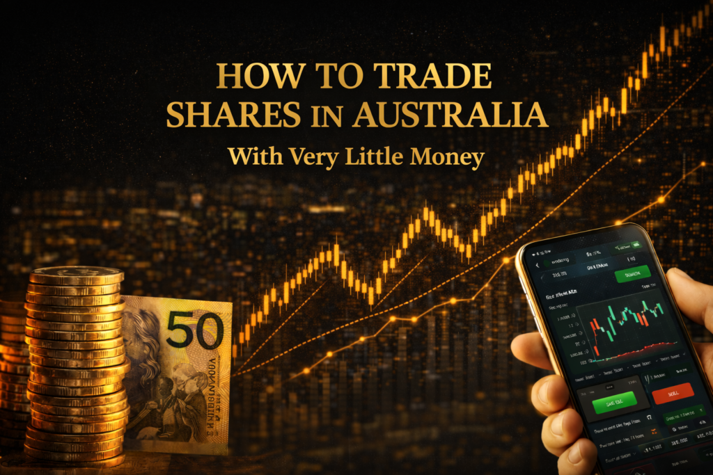 How to trade shares in Australia with very little money beginner guide with stock market chart and rising trend.