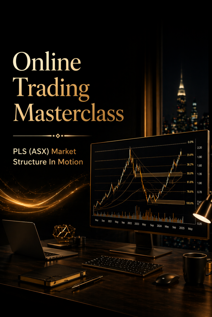 Online Trading Masterclass PLS ASX chart analysis cover image with premium black and gold design.