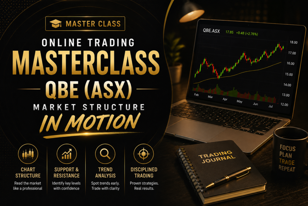 Online trading masterclass banner for QBE (ASX) featuring technical analysis and market structure education.