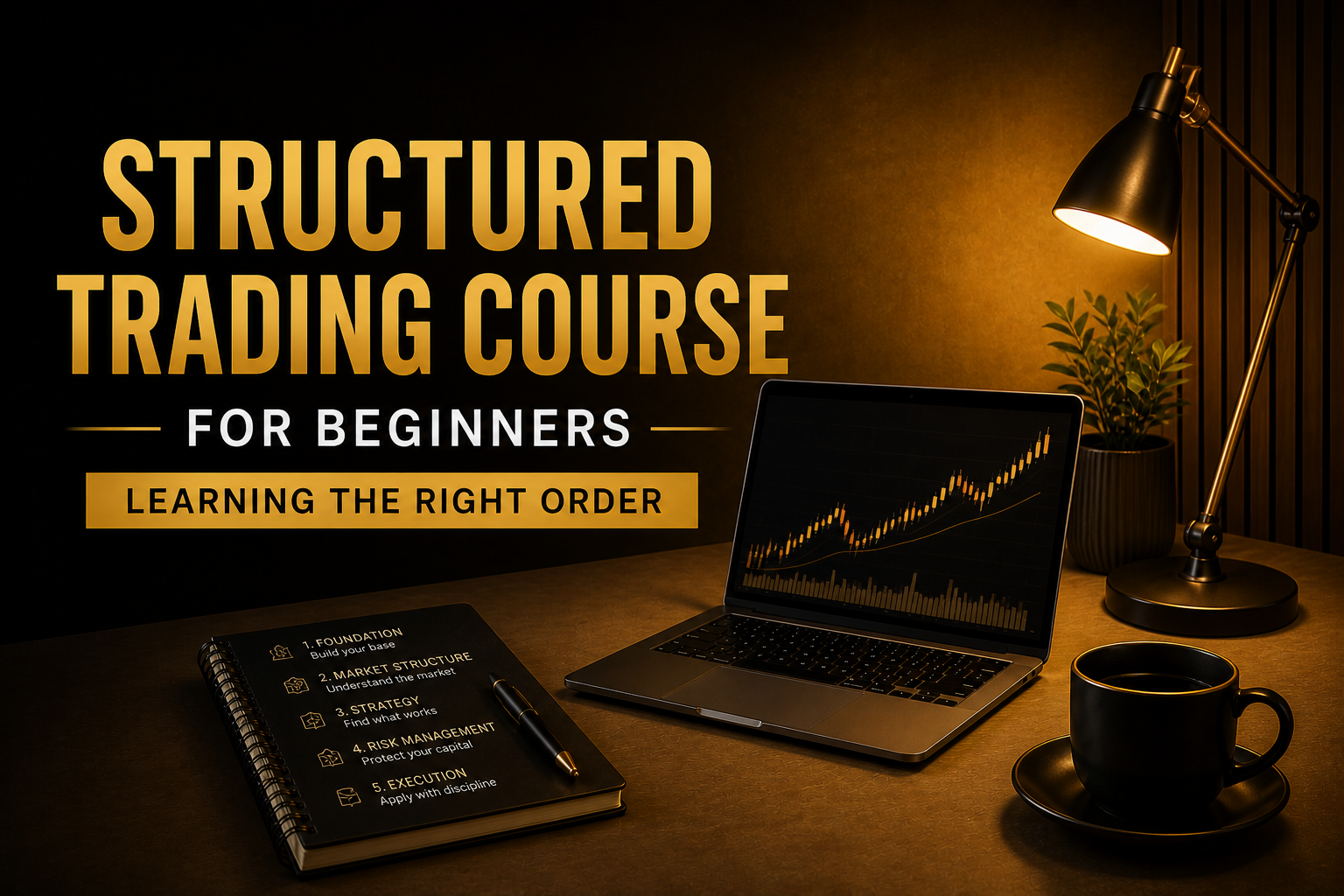 Structured trading course for beginners showing the correct learning order with a clean desk setup, laptop, and step-by-step framework.