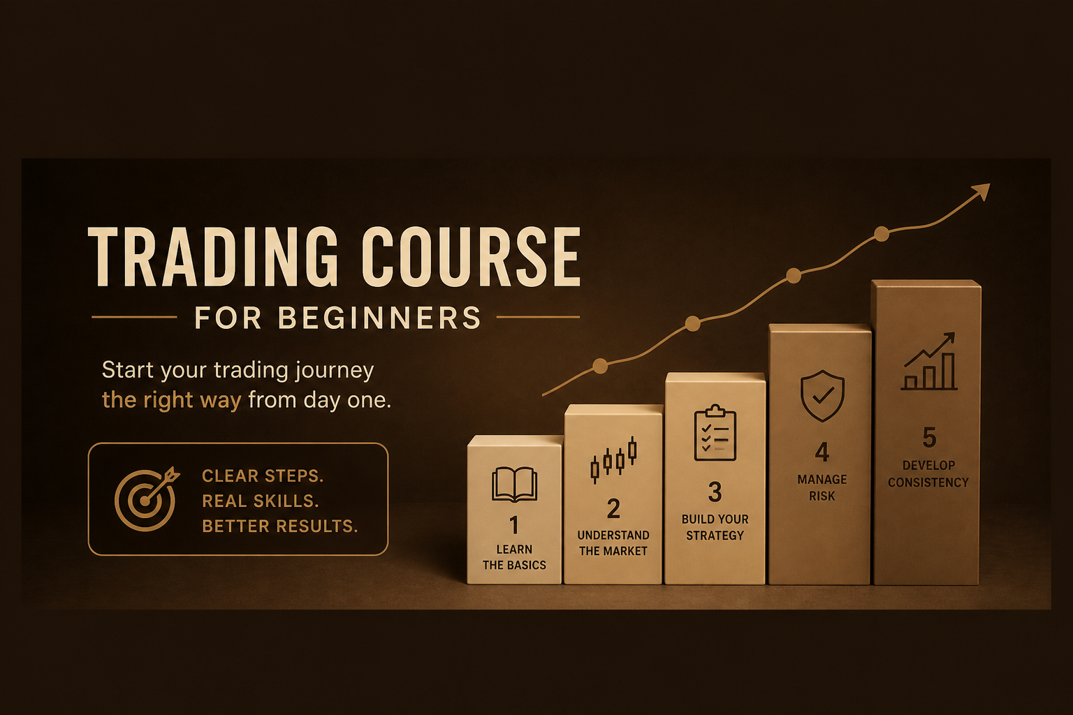 Trading course for beginners showing a step-by-step pathway with five structured blocks representing learning, market understanding, strategy, risk management, and consistency.
