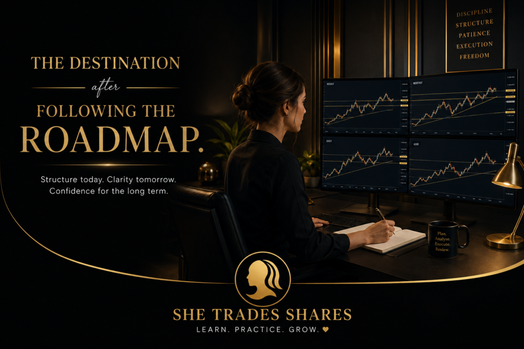 Lean To Trade Image of a confident trader analysing professional stock charts after following a structured step-by-step trading roadmap.