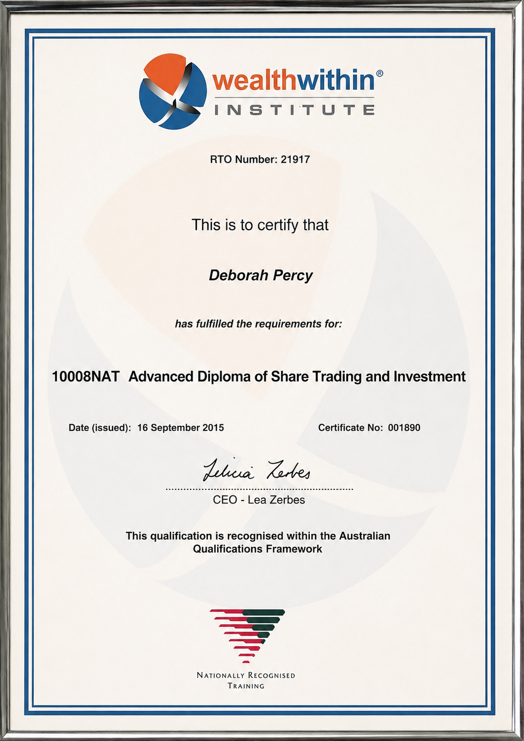 Advanced Diploma of Share Trading and Investment issued to Deborah Percy in 2015